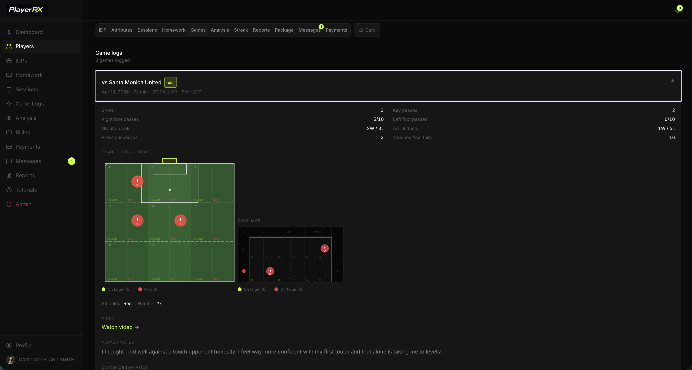 PlayerRX game log detail, trainer view