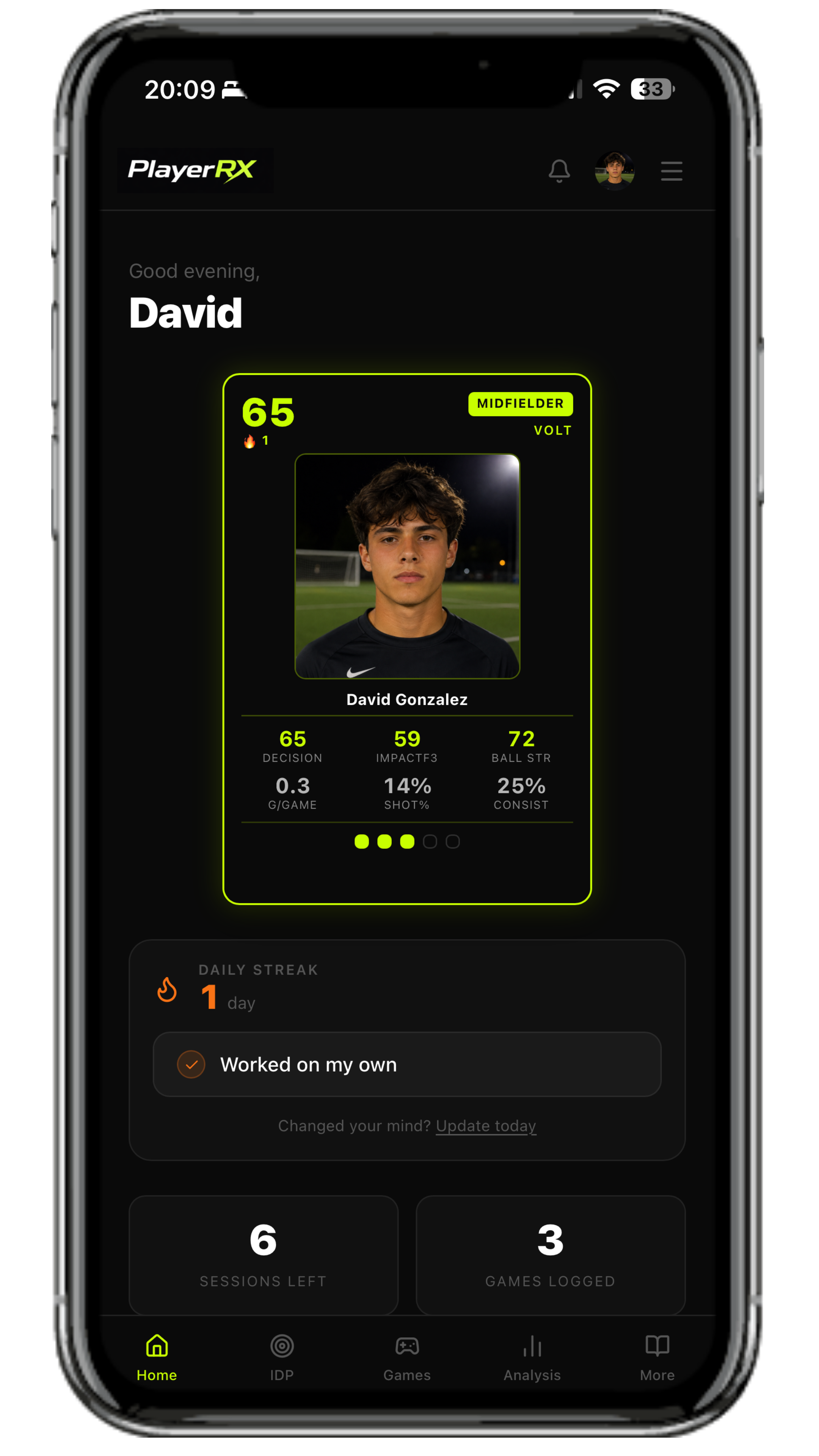 PlayerRX player portal, mobile home screen with player card
