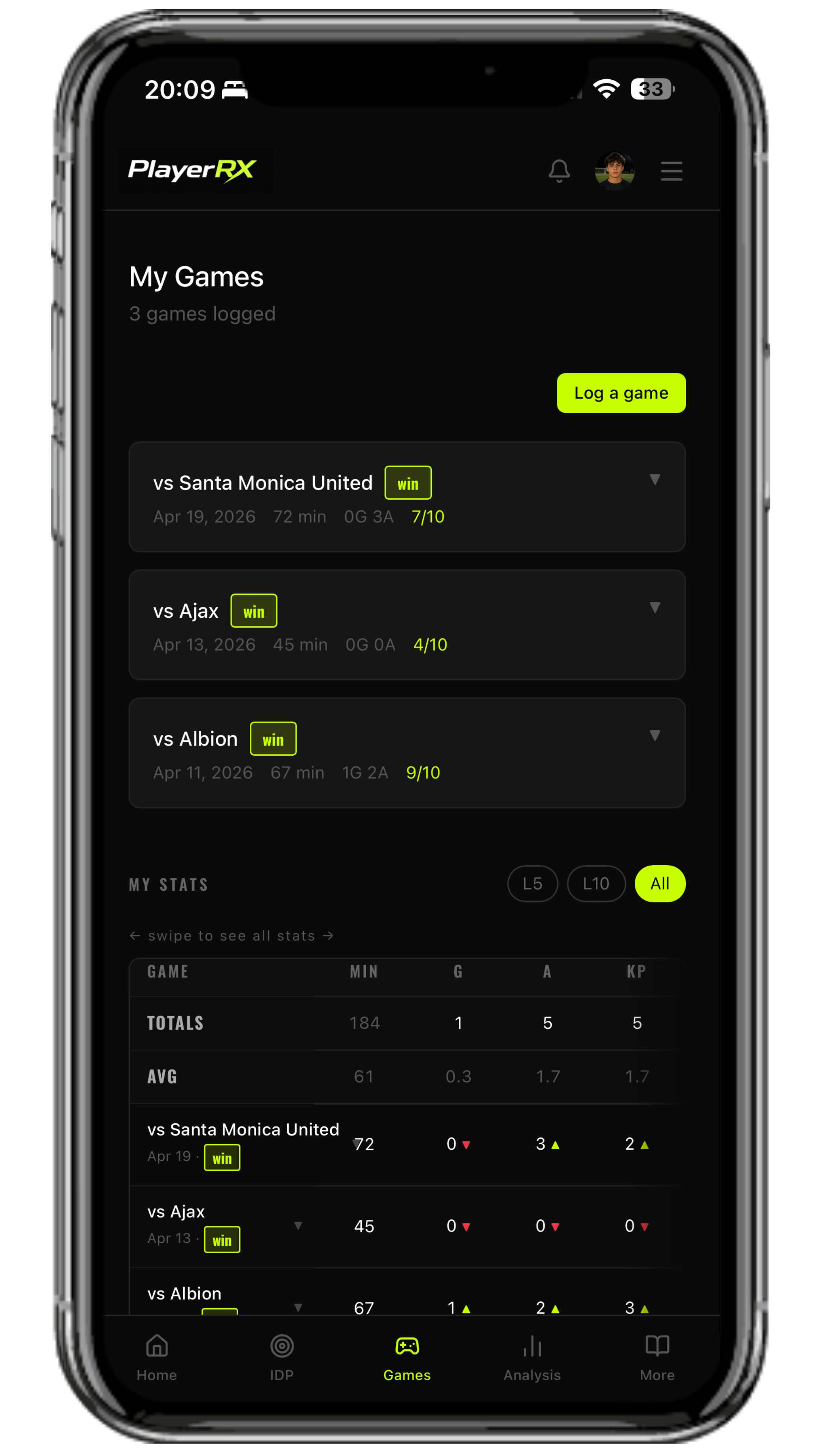 PlayerRX game log, mobile view