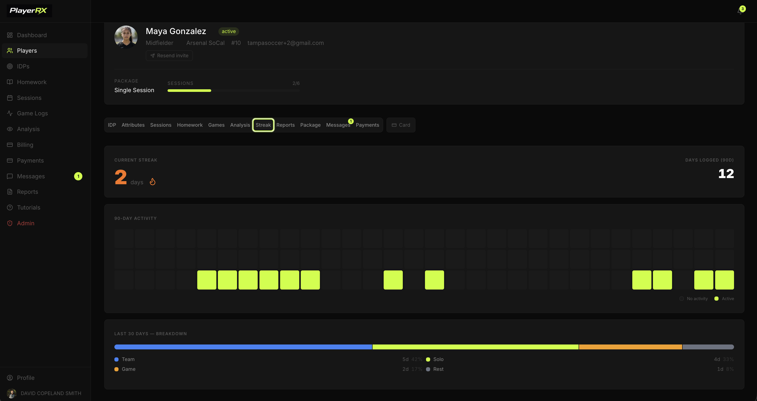 PlayerRX streak tracking, trainer view