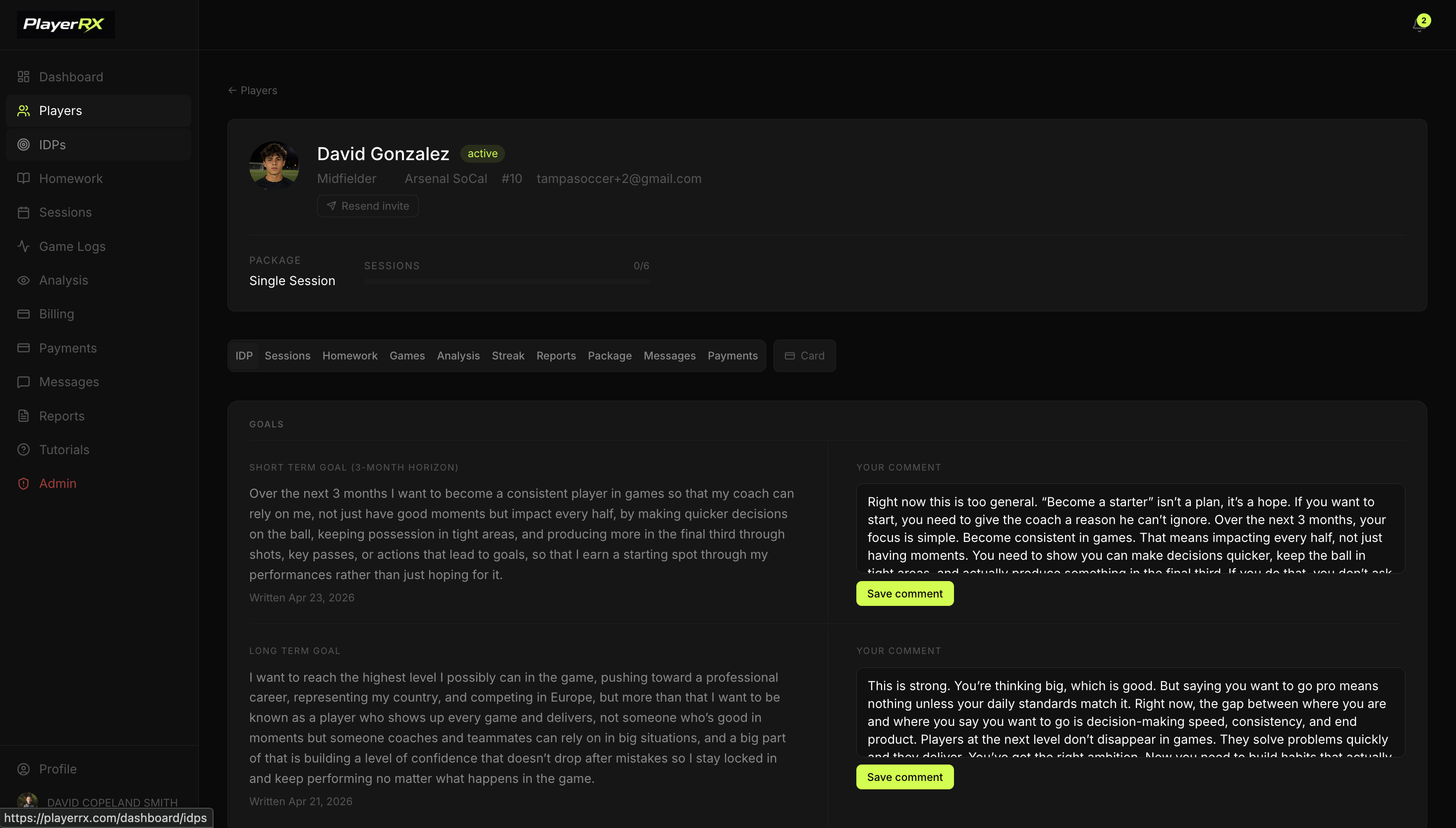 PlayerRX Individual Development Plan, trainer view showing player goals, target areas, and coach notes